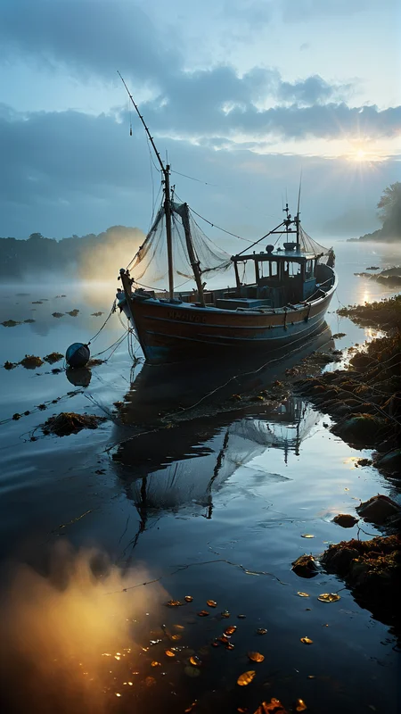low angel, The misty morning scene depicts a fishing boat gently gliding out onto the water its nets ready for the day's catch. The golden light of dawn casts a warm glow on the boat and its surroundings as the mist slowly lifts and dissipates. The water's surface shimmers with reflections creating a dreamlike atmosphere. The details of the boat rigging and net are expertly rendered adding to the realism of the scene. The colors are rich and vibrant capturing the essence of a peaceful morning on the sea. The overall composition is harmonious and visually pleasing making it an outstanding work of art, <lora:fog_creatures_v4:0.6> <lora:add-detail-xl:0.9> dvr-lnds-sdxl <lora:MJ52:0.5> <lora:zavy-cntrst-sdxl:0.4> <lora:zavy-rmlght-sdxl:0.4>
