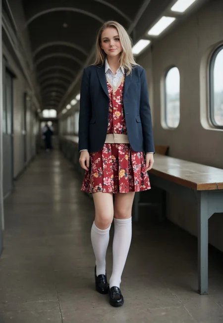 score_9, score_8_up, score_7_up, score_6_up, realistic, 1girl, 37 years old, cute, innocent, thin, tall, (cute face), slim body, petite body, skinny, round face, stunning professional portrait photo, (full-body view), frontal view, (cute face), blonde hair, braid, pale skin, light freckles, perfect beautiful eyes, catchlights, no makeup, delicate features, blushing, emotive, happy expression, low angle point of view, highly detailed, (detailed realistic photography), masterpiece, finely detailed skin, emotional, professional color grading, ruanyi0911, ruins, indoors, standing behind table, map on table, complex shadows and light, standing in an empty train station, school uniform, floral print shirt, navy blazer, (khaki skirt), white stockings, shoes