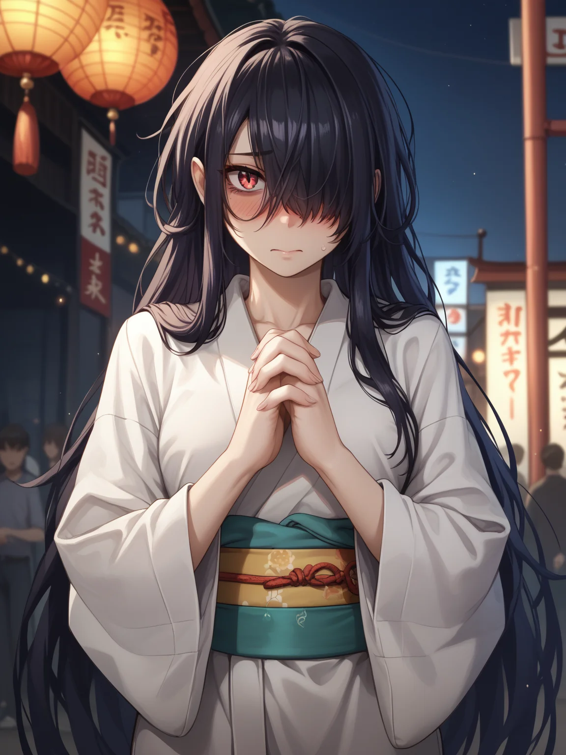 score_9, score_8_up, score_7_up, score_6_up, score_5_up, score_4_up, detailed eyes, beautiful eyes, <lora:PONYXL_FD-MegaBreastPack:0.7> <lora:Izunomaki Neneko:1> IzunomakiNeneko, gloomy, female, very long hair, messy hair, black hair, hair covering face, hair covering one eye, red eyes, pale skin, skinny, petite, black festival kimono,
hands together, blushing, embarrassed, thigh high slit,
