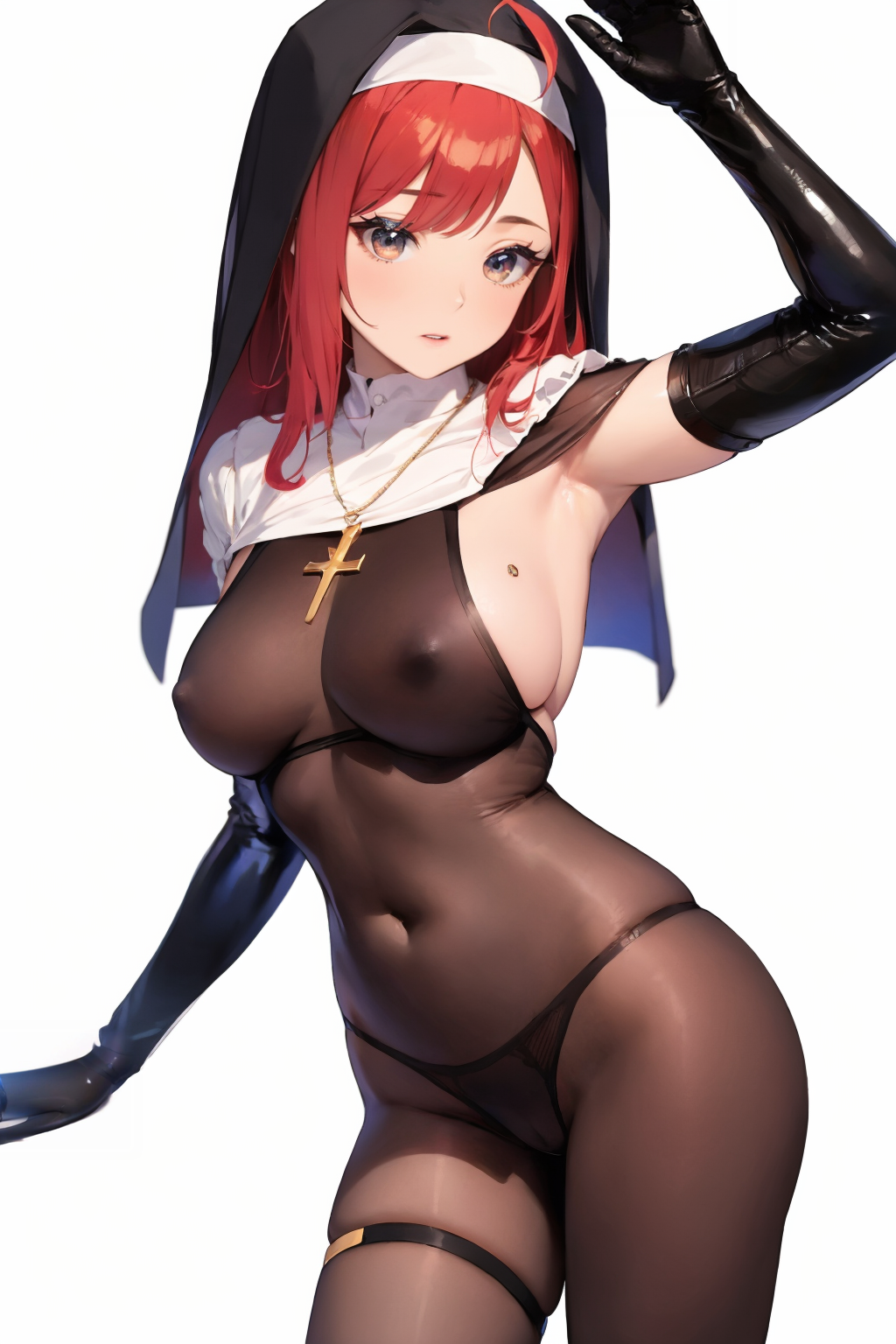 (cowboy_shot:1.5),(white background:1.5),
curvy,oval face,(red hair:1.3),messy hair,ahoge,very long hair,crossed bangs,makeup,fundoshi,long_eyelashes,light_blush,fox ears,black eyes,medium breasts,(front view:1.2),
<lora:é»ä¸è¿è£¤è¢ä¿®å¥³SD1.5:0.7>,1girl,solo,necklace,gloves,cross,jewelry,breasts,elbow gloves,pantyhose,cross necklace,black pantyhose,bodysuit,nun,see-through,sideboob,thong,, (masterpiece:1.2),best quality,masterpiece,highres,original,extremely detailed wallpaper,perfect lighting,(extremely detailed CG:1.2),