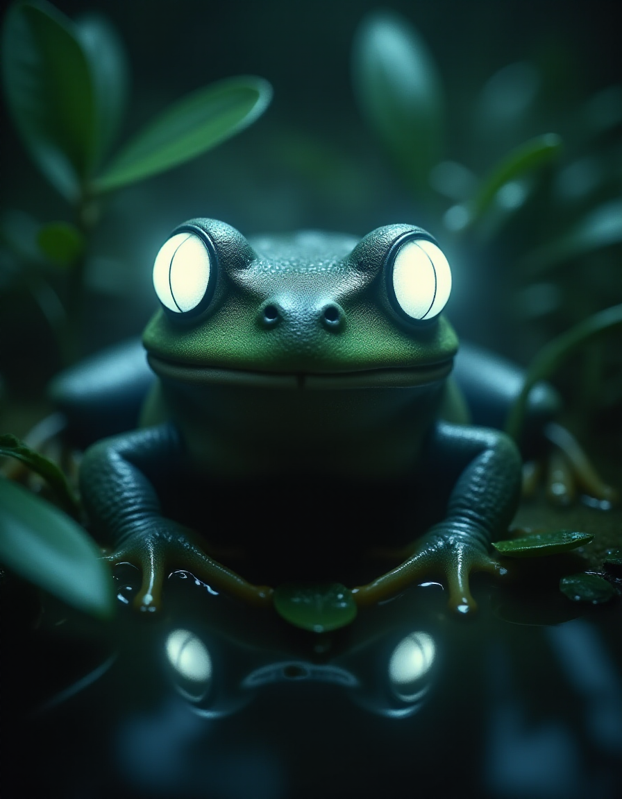 a frog with glowing white eyes, sitting in a ponod <lora:ral-ertmsphr_flux:1> ral-ertmsphr