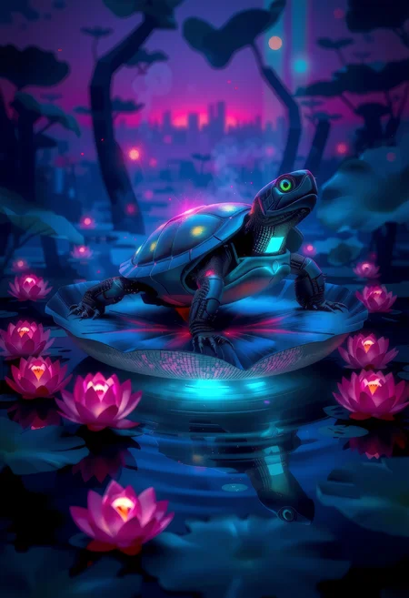 A hyper-detailed, futuristic Impressionist painting in the style of Claude Monet, reimagined with cyberpunk elements. The scene depicts a serene, bioluminescent pond at dusk, where a large, robotic turtle sits majestically on an oversized lily pad at the center of the composition. The turtle is fully cybernetic, with polished metallic limbs and exoskeleton, glowing circuitry patterns along its back, and augmented eyes that shimmer with holographic reflections. The lily pad is massive, textured with intricate veins and a sleek, almost metallic sheen, floating atop the water like a futuristic platform. Surrounding the turtle, the pond is lush with glowing water lilies in neon pinks and blues, their petals translucent with embedded LEDs. The water reflects a cyberpunk skylineâsoft gradients of electric purple and deep tealâwith ripples rendered in broad, impressionistic brushstrokes. The atmosphere blends Monetâs signature play of light with a sci-fi twist: think holographic fireflies, misty vapor rising from the pond, and a faint digital glitch effect subtly layered over the painting. Style: A fusion of Impressionist brushwork and hyper-modern detailing. Visible, dynamic strokes create movement in the water, while the turtle and lily pad are sharply defined with sleek, futuristic textures. The mood is tranquil yet awe-inspiring, merging natural beauty with advanced technology. <lora:scifi/moxiePunk_v4S>, <lora:art and styles/Defluxion II>, n<lora:NightDustv1.1>