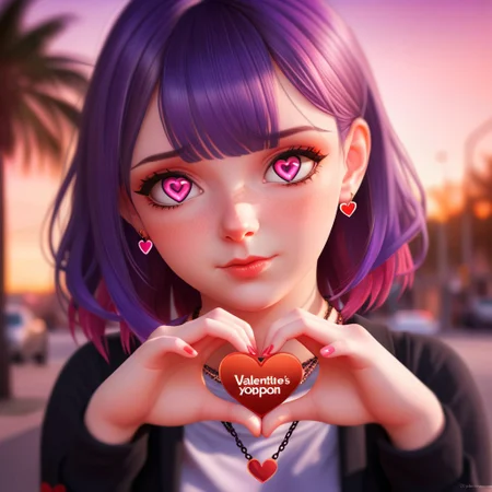 photorealistic image, a portrait of a cute girl with a necklace with the text: "Valentines",  orange eyes and purple hair,, detailed, 90mm photography,depth of field,sunset,street background,bokeh,heart-shaped pupils,heart shaped hands