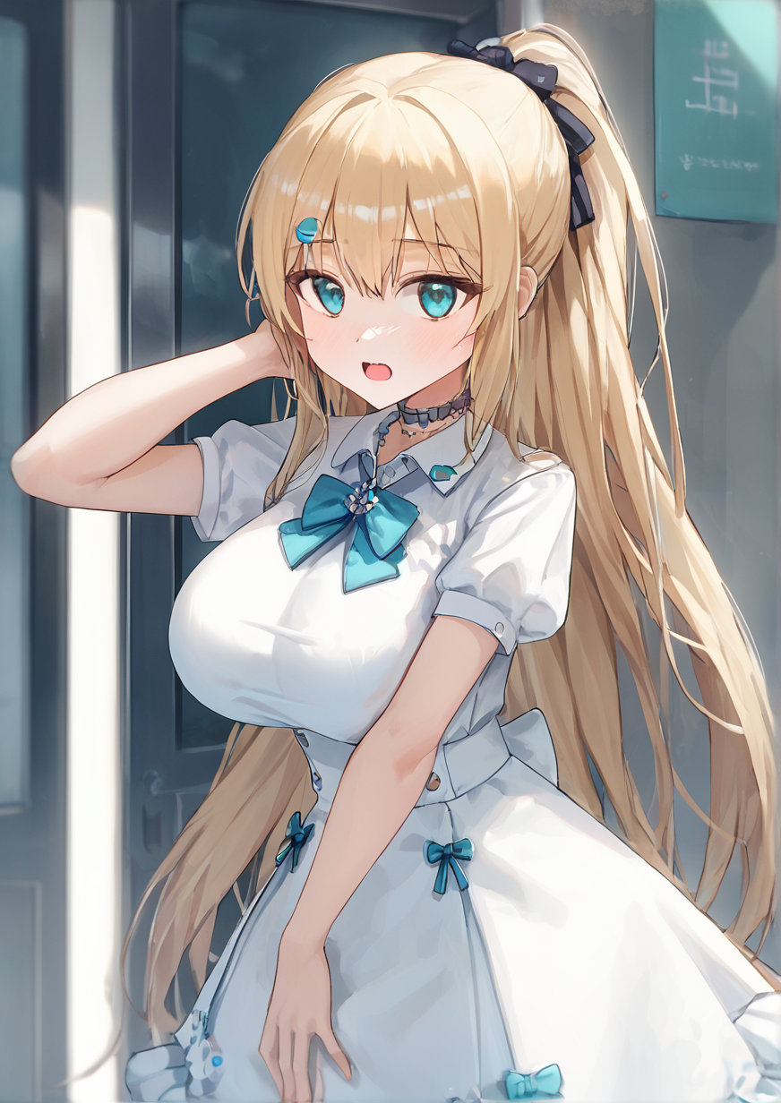 1girl, akai haato, huge breast, aqua eyes, blonde hair, breasts, dress, empty eyes, english text, hair ornament, hair ribbon, hand on own head, heart, heart hair ornament, long hair, looking at viewer, looking back, official alternate hairstyle, open mouth, ponytail, ribbon, shirt, solo, stitched neck, stitches, very long hair, white dress, white shirt, wide-eyed,zPDXL3<lora:ã¯ã¹ã¿ã«Kustaru:1>