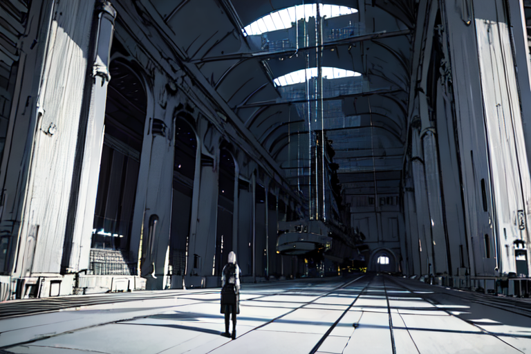 highly insanely detailed, masterpiece, top quality, best quality, highres, 4k, 8k, RAW photo, (very aesthetic, beautiful and aesthetic),  
tsutomu nihei,nihei_tsutomu,blame!,blame gakuen!,abara,TNstyle,sidonia_no_kishi,(tunnel,space,spacecraft,lab,city ruins,megastructure in background,stairs,mausoleum,giant room,tower,hangar), 
<lora:blameLora_v10:0.5>, 
(1girl:1.3), 
solo focus, 
pure purple background,pure yellow background,pure cyan background,(fluorescent background,solid color background),âââ