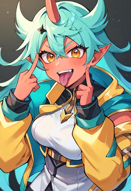 <lora:vyce-05:0.8>, vyce, long hair, single horn, blue hair, red skin, hair between eyes, pointy ears, black thighhighs, jacket, orange eyes, medium breasts, green hair, multicolored hair, orange hair, happy, akanbe, <lora:akanbe-XL-V1:1> akanbe, tongue out, (eyelid pull):1.2, (finger to eyelid):1.2, one hand showing the middle finger, score_9, score_8_up, score_7_up, source_anime,