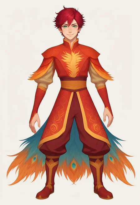 score_9, score_8_up, score_7_up, 8k, best quality, charturnerv2, sz4d3k, 1boy, even skin tone, cell shaded, male focus, indirect lighting, detailed face, detailed eyes, detailed, Expressiveh, adult male, Suzaku, red hair, green eyes, Phoenix garb, red pants, Peacock tail, boots, smile, solo, alone, full body, standing, standing up straight, solo, alone, front view,