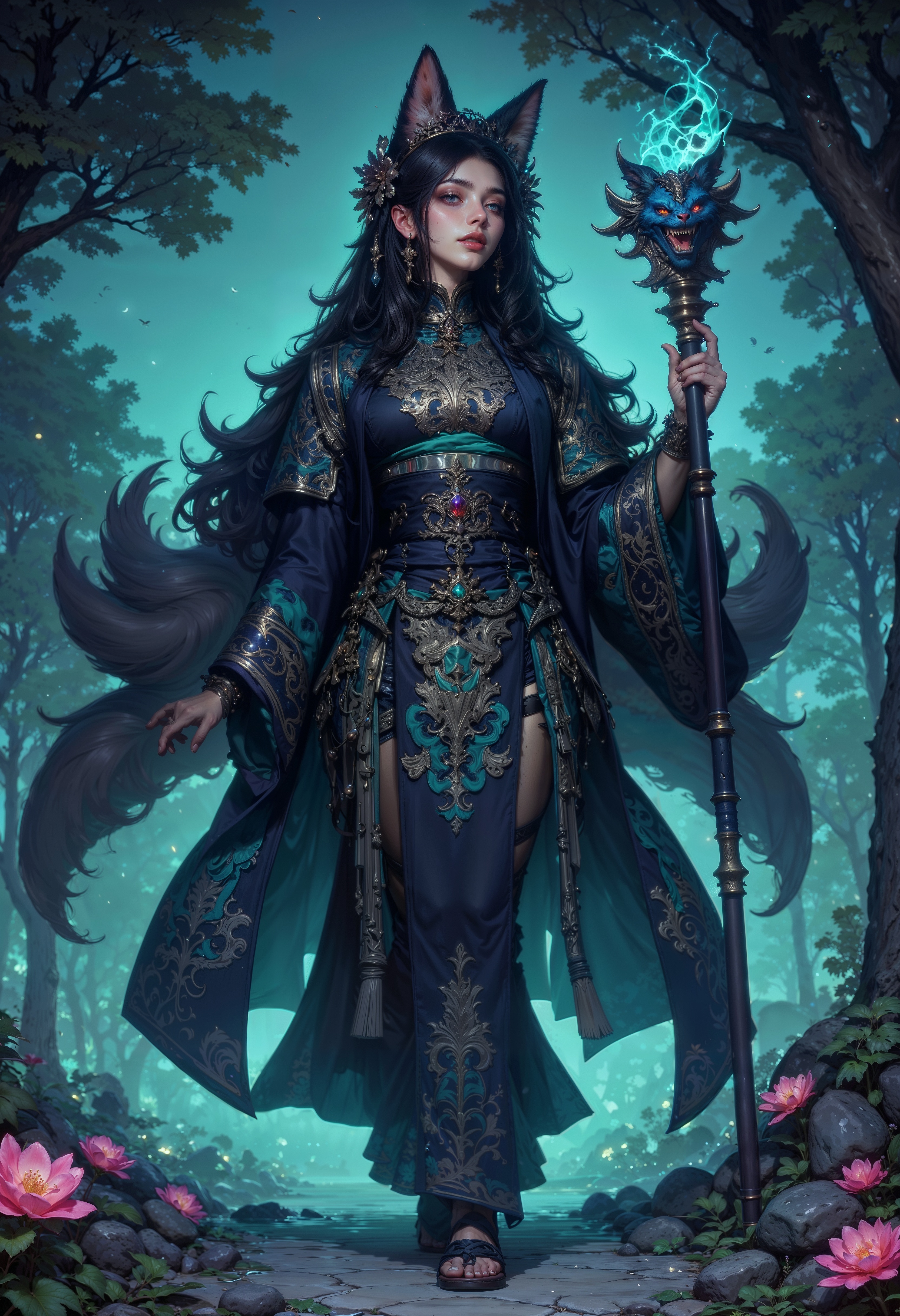 A mystical shrine maiden bound to the spirits of twilight, the Shadowed Foxfire Priestess walks the sacred path beneath a canopy of endless night. Her flowing kimono, dark as the abyss yet shimmering with spectral blue wisps, shifts like liquid shadow. Her nine fox tails, tipped with flickering ghost-light, sway in mesmerizing patterns as she moves. A lacquered mask, half-lifted, reveals lips painted in deep crimson and eyes alight with otherworldly wisdom. She holds a staff crowned with a jade fox carving, its mouth exhaling trails of ethereal fire. Each step she takes leaves glowing lotus blooms in her wake, marking the passage of a spirit that dances between the realms.