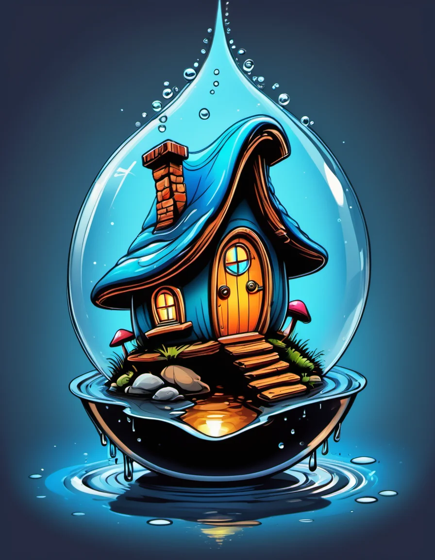 breathtaking vector cartoon illustration of Close up macro photography, a miniature fairy house inside a drop of water, light reflections, ultra sharp <lora:Vector cartoon illustration-000008:1>