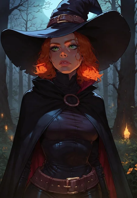 score_9, score_8_up, score_7_up, 1girl, witch, hat, belt. cape, ginger hair, green eyes, wide hips, forest, night, darkness, moonlight, darkness, depth of field, portrait, face focus
