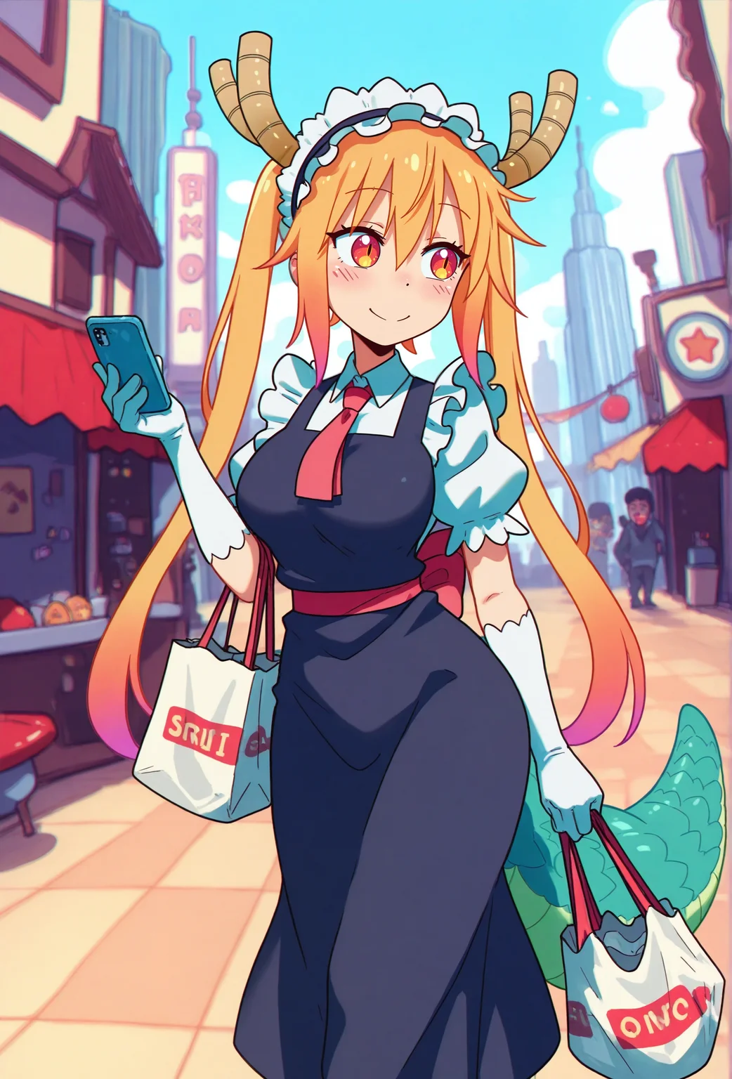 masterpiece,best quality,amazing quality, <lora:groovy_smooth_style_illustrious_v1f:1> groovysmoothstyle, (chromatic aberration:1.1), 1girl, tohru \(maidragon\), twintails, gradient hair, smile, looking to side, BREAK
maid, necktie, green tail, dragon tail, city, market, (depth of field:1.2), holding shopping bag
