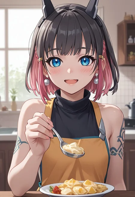 score_4,score_5,score_6,score_7_up,score_8_up,score_9 ((masterpiece,best quality,ultra detailed,highres,HD,4k:1.2)),
1girl, solo,solo focus,girl focus,face focus,
multicolored hair,short hair,black hair,pink hair,blue eyes,tattoo,sidelocks,black head gear,black head ornaments,earrings,small breast,
Apron, sleeveless, exposed arms, exposed shoulders,, frilly aprons,
upper body,
pov,feeding,looking at viewer,feeding, food,incoming food,holding spoon,
looking at viewer,blush,shy,smile,,open mouth,