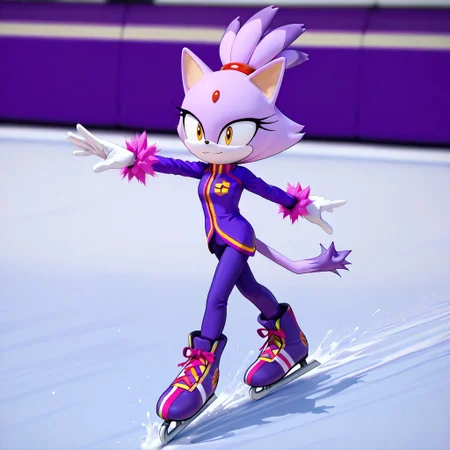 masterpiece, detailed, absurd res, intricate details,blaze the cat,,winter olympic games outfit,happy ,goes ice skating,BREAK,in an artistic rink,