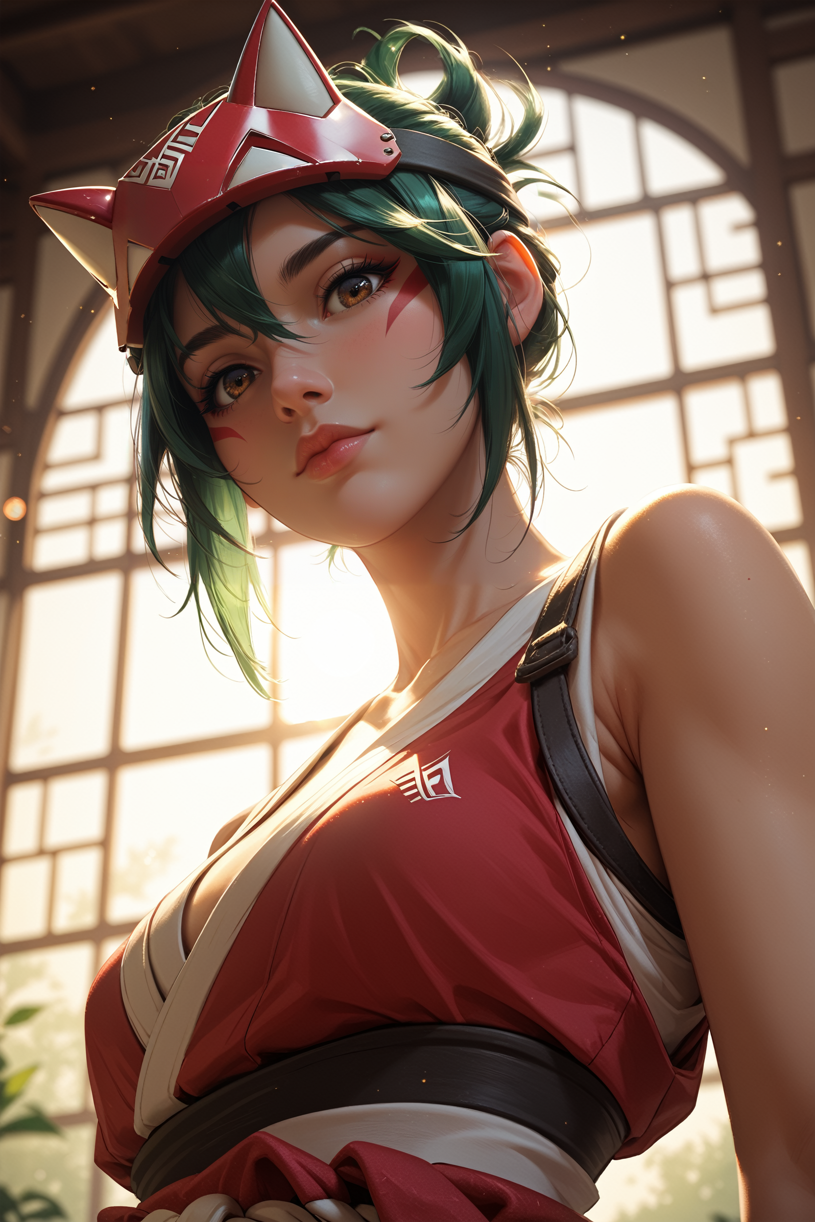 score_9, score_8_up, score_7_up, score_6_up
<lora:OKiriko:0.8>
OKiriko, 1girl, green hair, brown eyes, fox mask, facial marks, from below, rim lighting, backlighting, lens flare