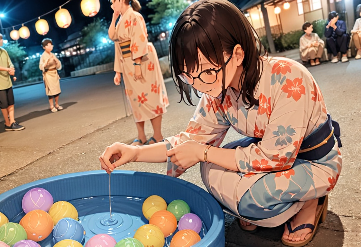 masterpiece, best quality, very aesthetic, absurdres,
mizufusen, 1girl, glasses, yukata, 1boy, night, squatting, outdoors, black hair, bracelet, long sleeves, floral print, water balloon fishing, night, summer, paper lantern, blurry background, 
 <lora:mizufusen_SDXL_V1:0.8>
