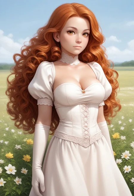 score_9, score_8_up, score_7_up, 1girl, solo, long hair, curly hair, wavy hair, orange hair, orange eyes, looking at viewer, breasts, dress, white dress, puffy sleeves, puffy short sleeves, short sleeves, gloves, elbow gloves, white gloves, cowboy shot, closed mouth, standing, outdoors, field, flower, grass, plant, sky