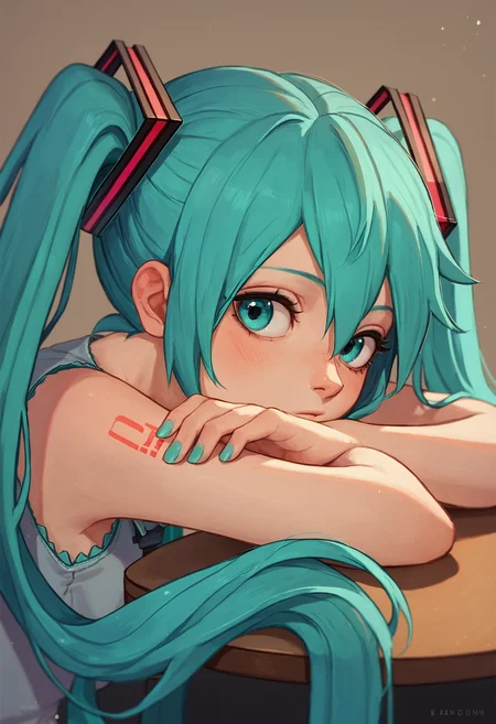 score_9, score_8_up, score_7_up, 1girl, head rest arm rest, hatsune miku
<lora:head_rest_arm_rest_pony_1:1>