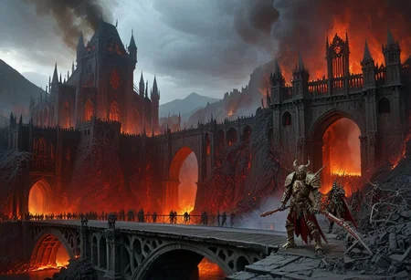 Long bridge, bridge to gates of hell, bridge over fire lake, magma, inferno lake, hell, fire, gothic architecture, ruined cathedral, Diablo, demonic, cliffs, ethereal, epic, hellscape, knight standing at start of bridge, holy armor, massive sword, battle worn armor, paladin standing in foreground, expansive landscape, combat, battle, catapults, archers, column of skeleton soldiers on bridge, warriors, cinematic, dramatic,