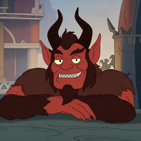 score_9_up, score_8_up, score_7_up, high quality, detailed, male, solo male, Krampus, 1boy, mature male, anthro, devil, dull red skin, maroon hair, horns, black eyes, animal ears, muscular male, sharp teeth, looking at viewer, smiling, outdoors, castle, half-body, bust shot