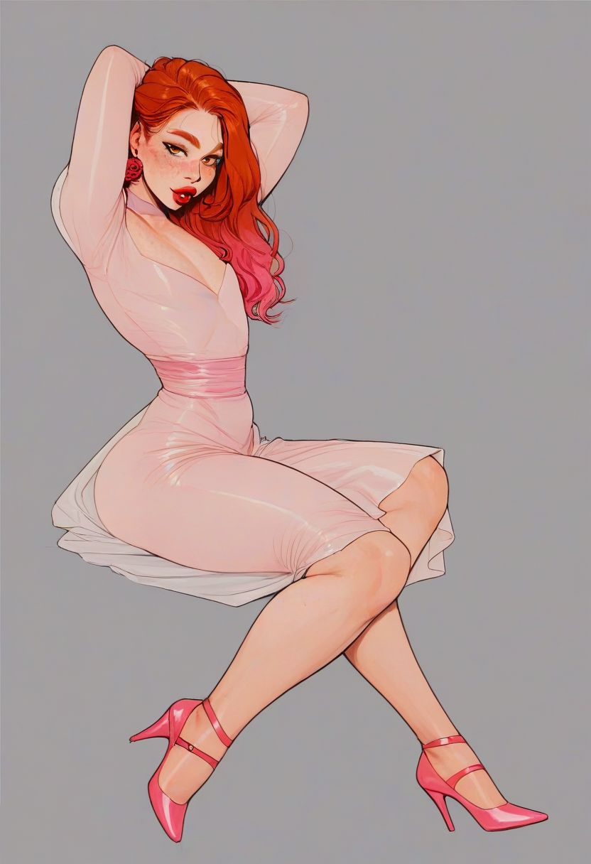 Score_9, Score_8_Upper,  Score_7_Upper, 1 femboy,anime, hentai, art deco, light skin, medium butt, makeup, red lips, bright lips, freckles, simple background, simple 8K details, 8K details, sexy orange eyes, thick, pose, seductive look, rose earrings, orange hair, long legs, articulated legs, athletic body, small chest, long dress, thick thighs, pink rubber high heels, multi-colored hair, pink hair, 2D,femboy long,face beautiful,