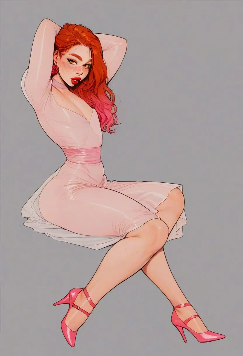 Score_9, Score_8_Upper, Score_7_Upper, 1 femboy,anime, hentai, art deco, light skin, medium butt, makeup, red lips, bright lips, freckles, simple background, simple 8K details, 8K details, sexy orange eyes, thick, pose, seductive look, rose earrings, orange hair, long legs, articulated legs, athletic body, small chest, long dress, thick thighs, pink rubber high heels, multi-colored hair, pink hair, 2D,femboy long,face beautiful,