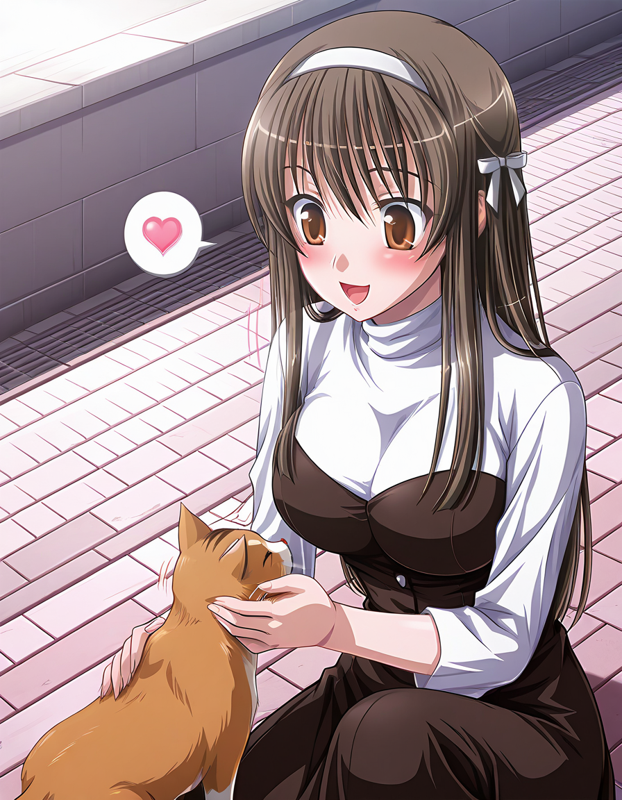 masterpiece, best quality, amazing quality, official art, ultra highres, intricate,
1girl, solo, hayashima_tsubaki, long hair, brown hair, hair ribbon, hairband, brown eyes,
dress, turtleneck, BREAK
lovestruck, happy, blush, looking at cat, spoken heart,
squatting, on one knee, Petting,
sidewalk, motion lines, highly detailed
<lora:hayashima tsubaki v1.0-000008:1>