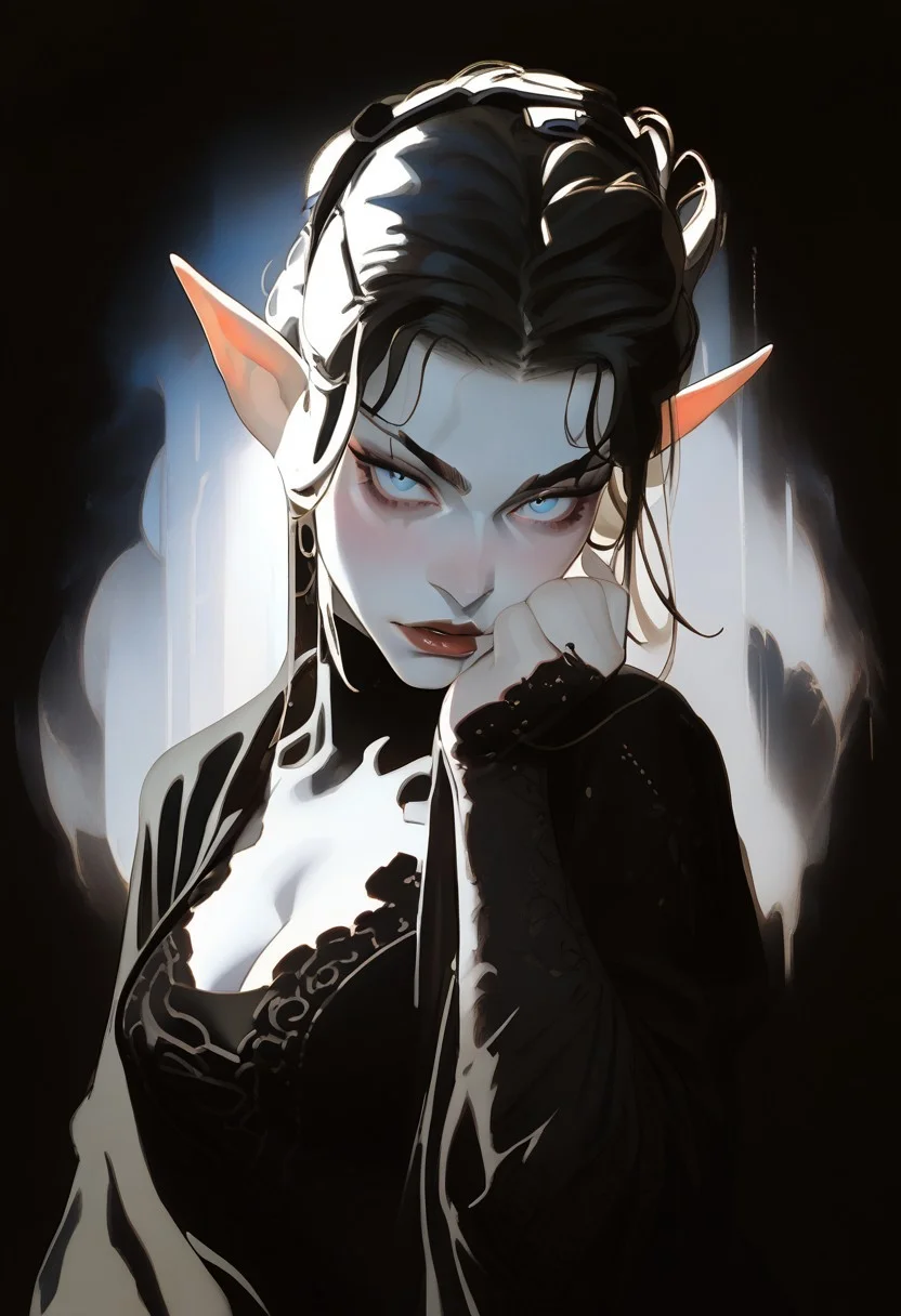score_9, score_8_up, score_7_up,
1 girl, solo,
elf woman, beautiful, delicate,
black hair, slicked hair, large breasts,
pale skin, milky skin,
light blue eyes, looking at viewer,
petite body, dark elvish make-up,
dark blue intricate dress,
dynamic pose, sexy posing,
fantasy, elvish style,