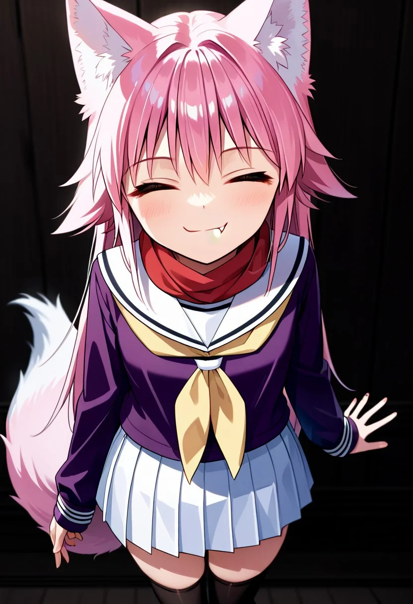 score_9, score_8_up, score_7_up, score_6_up, score_5_up, score_4_up, Lanka Ookami, wolf girl, long hair, pink hair, wolf ears, ear fluff, fluffy wolf tail, wolf tail, (orange eyes: 1.1),Skirt, School uniform, Pleated skirt, Serafuku, White skirt, Shirt, Purple shirt, Sailor collar, White Sailor collar, Long sleeves, Scarf, Yellow Scarf, Knee-high stockings, seductive smile,closed eyes, come hither, skin_fang, naughty face, looking at viewer, standing,