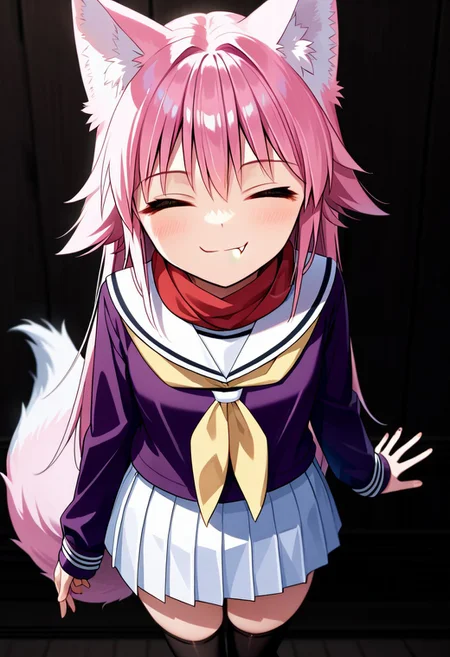 score_9, score_8_up, score_7_up, score_6_up, score_5_up, score_4_up, Lanka Ookami, wolf girl, long hair, pink hair, wolf ears, ear fluff, fluffy wolf tail, wolf tail, (orange eyes: 1.1),Skirt, School uniform, Pleated skirt, Serafuku, White skirt, Shirt, Purple shirt, Sailor collar, White Sailor collar, Long sleeves, Scarf, Yellow Scarf, Knee-high stockings, seductive smile,closed eyes, come hither, skin_fang, naughty face, looking at viewer, standing,