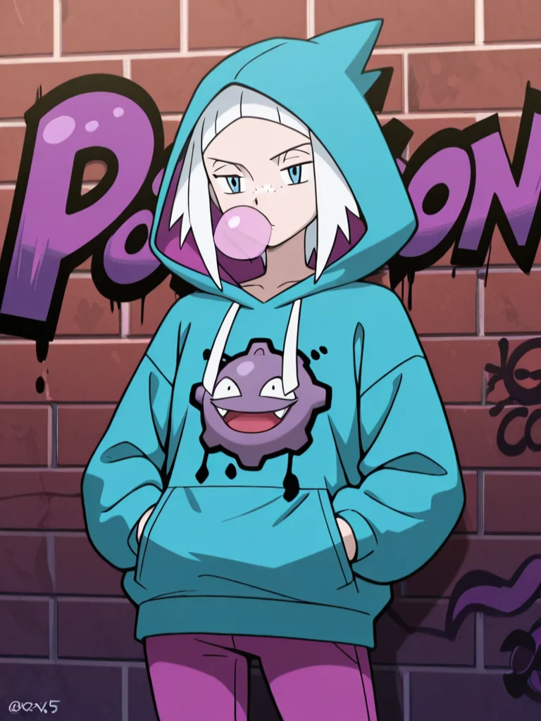 1girl, hands in pocket, cool pose,against the wall,bored,upper body,
<lora:roxie_2_pe:0.8>
Roxi5, chewing gum,
blue eyes,pale skin, freckles,
white hair, hood up,
(hoodie_details blue and pink,:1.2)
dark pink pants,
BREAK
brick wall, graffiti on the walls, (text"POISON":1.2)
purple graffiti, pokemon \(creature\) koffing draw in graffiti,
masterpiece, high quality, absurdres, best quality, very aesthetic, newest,