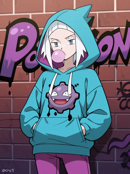 1girl, hands in pocket,  cool pose,against the wall,bored,upper body, 
<lora:roxie_2_pe:0.8>
Roxi5, chewing gum,
blue eyes,pale skin, freckles,
white hair, hood up,
(hoodie_details blue and pink,:1.2)
dark pink pants, 
BREAK
brick wall, graffiti on the walls, (text"POISON":1.2)
purple graffiti, pokemon \(creature\)  koffing draw in graffiti,
masterpiece, high quality, absurdres, best quality, very aesthetic, newest,