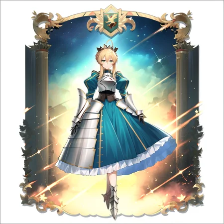 masterpiece, high quality, best quality, absurdres,arknights-style ,1 girl ,full body, artoria pendragon (fate), blonde hair, solo, armor, armored dress, gauntlets, ahoge, dress, green eyes, ribbon, looking at viewer, hair ribbon, blue dress, breastplate, puffy sleeves,
<lora:arknights-style-000008:0.8>