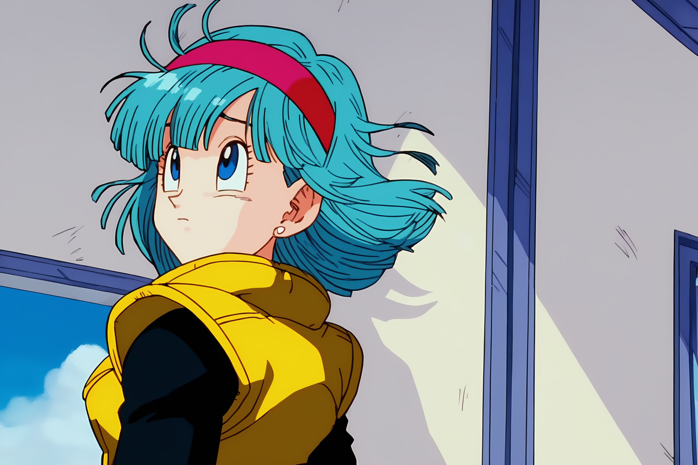source_anime, score_9, score_8_up, score_7_up, anime screencap, absurd res, high quality, 
bulma, DBZ, namek outfit, namek saga, official style, , 1girl, solo, blue eyes, hand on wall, aqua hair, bangs, upper body, looking afar, stud earrings, belt, red hairband, worried, yellow jacket, wind lift, wind, window, two tone jacket, spaceship interior, shoulder pads, sleeveless jacket, eyelashes, fingernails, black undershirt, long sleeves 
<lora:DB_Bulma_v2-000046:0.8>