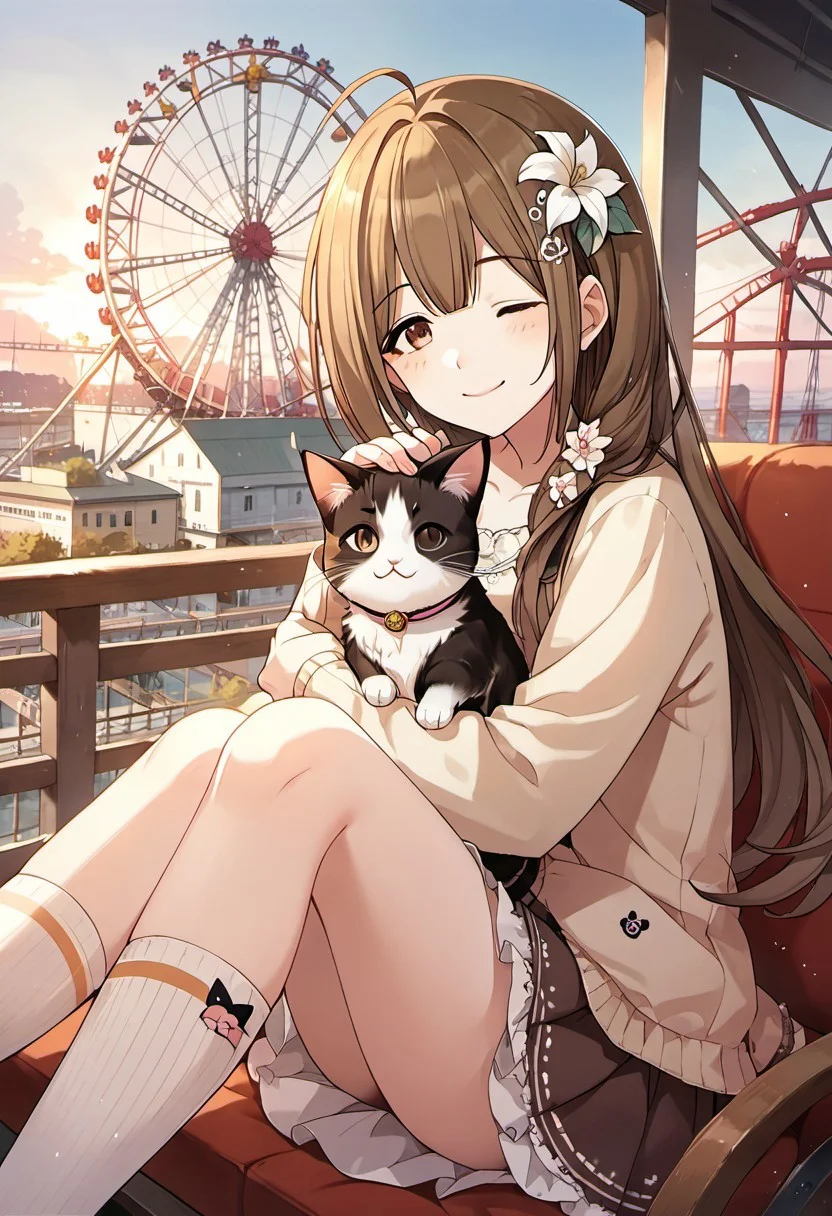 score_9, score_8_up, score_7_up, source_anime, kuwayama chiyuki, brown hair, brown eyes, long hair, 1girl, ferris wheel, one eye closed, ahoge, hair ornament, smile, hair flower, cat, sitting, solo, holding, socks