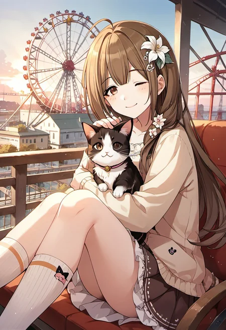 score_9, score_8_up, score_7_up, source_anime, kuwayama chiyuki, brown hair, brown eyes, long hair, 1girl, ferris wheel, one eye closed, ahoge, hair ornament, smile, hair flower, cat, sitting, solo, holding, socks