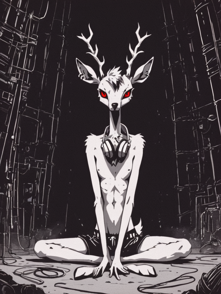 <lora:Psychedemon-000009:1>,
<lora:Xenotrip_v.2:0.6>,
<lora:Concept Art DarkSide Style LoRA_SeaArt Furry XL 1.0:0.7>,
score_9_up, score_8_up, score_7_up, score_6_up, furry_source, xenotr1p, concept art, dark theme, low light, backlight, radiating power, in front,
dark shadow of a terrible creature bent over of (anthro deer male) with (headphones on ears listening) to (postpunk) music from (smartphone), (posing, sitting on ground), body is (shrouded in wires), wires, skinny, red eyes, animal legs, detailed fur, (loose outfit),
moody, grim, emotional, otherwordly,
<lora:add-detail-xl:0.7>,
<lora:RMSDXL_Enhance:2>,
<lora:great_lighting:3>,