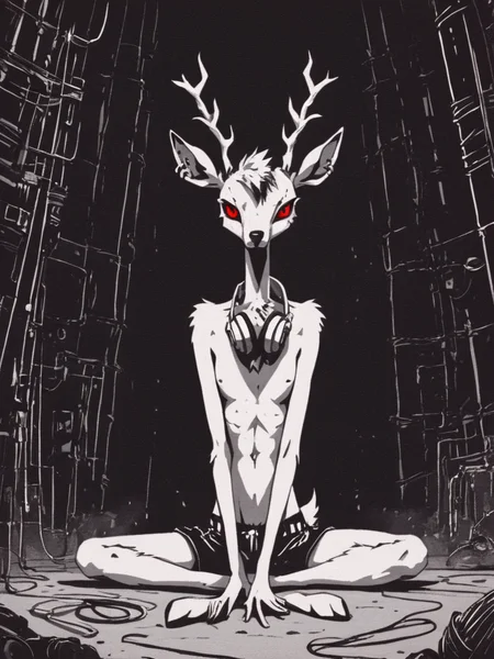 <lora:Psychedemon-000009:1>,
<lora:Xenotrip_v.2:0.6>,
<lora:Concept Art DarkSide Style LoRA_SeaArt Furry XL 1.0:0.7>,
score_9_up, score_8_up, score_7_up, score_6_up, furry_source, xenotr1p, concept art, dark theme, low light, backlight, radiating power, in front,
dark shadow of a terrible creature bent over of (anthro deer male) with (headphones on ears listening) to (postpunk) music from (smartphone), (posing, sitting on ground), body is (shrouded in wires), wires, skinny, red eyes, animal legs, detailed fur, (loose outfit),
moody, grim, emotional, otherwordly,
<lora:add-detail-xl:0.7>,
<lora:RMSDXL_Enhance:2>,
<lora:great_lighting:3>,