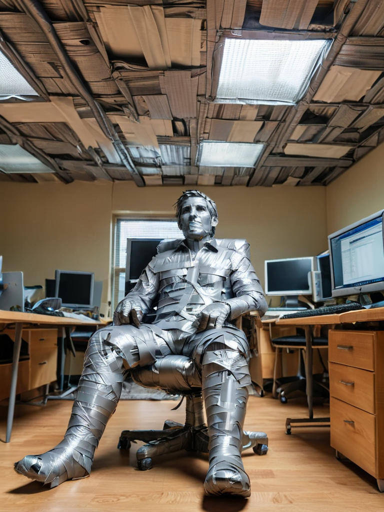 a man taped to the ceiling with ral-ducttape, people sitting on computers below him <lora:ral-ducttape-sdxl:1>