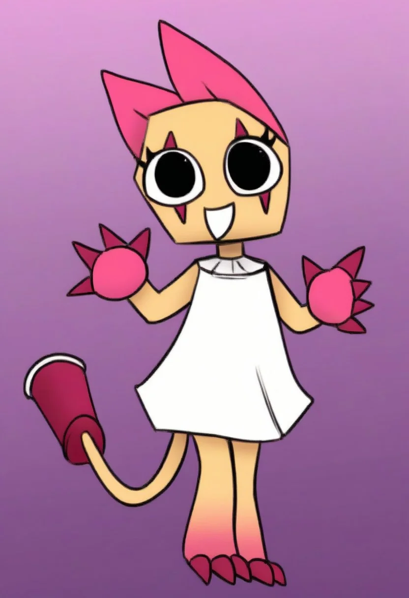 gradient background, thick lines, shading colors,
1girl, cartoony, cute, (cowboy shot, upper body),
scraps, cat ears. tail, white dress, sleeveless, black eyes, claws,
smile, full body, dynamic pose, standing, looking at viewer, pink and purple background, opening mouth