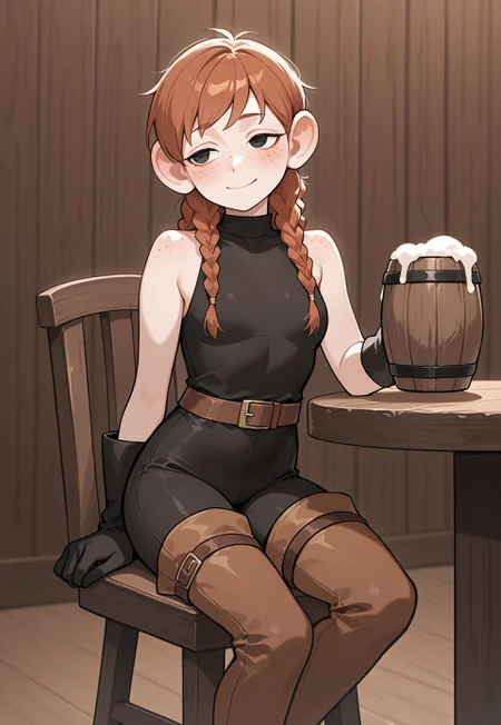 masterpiece, best quality, newest, absurdres, very aesthetic, highres, Dunmeshi_Meijack, 1girl, halfling, brown hair, multiple braids, black eyes, body freckles, small breasts, black unitard, bare shoulders, black gloves, brown belt, brown thigh boots, sitting, on chair, table, holding beer mug, blush, smile, indoors