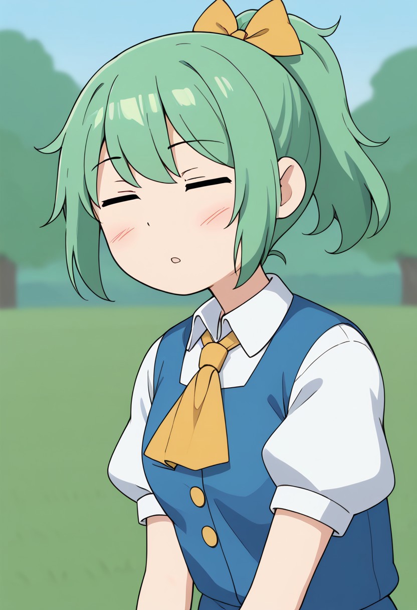 white shirt, collared shirt, 
1girl, daiyousei, mob face, 
light green hair, ponytail, 
medium hair, 
(messy hair:0.9), black eyes, 
blue dress, blue vest, 
short sleeves, puffy sleeves, 
black eyebrows, 
pale skin, 
small breasts, 
expressionless, 
closed eyes, 
blush, 
parted lips, 
outdoors, simple background, 
yellow hair ribbon, yellow ascot, 
yellow buttons,