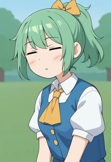 white shirt, collared shirt,
1girl, daiyousei, mob face,
light green hair, ponytail,
medium hair,
(messy hair:0.9), black eyes,
blue dress, blue vest,
short sleeves, puffy sleeves,
black eyebrows,
pale skin,
small breasts,
expressionless,
closed eyes,
blush,
parted lips,
outdoors, simple background,
yellow hair ribbon, yellow ascot,
yellow buttons,