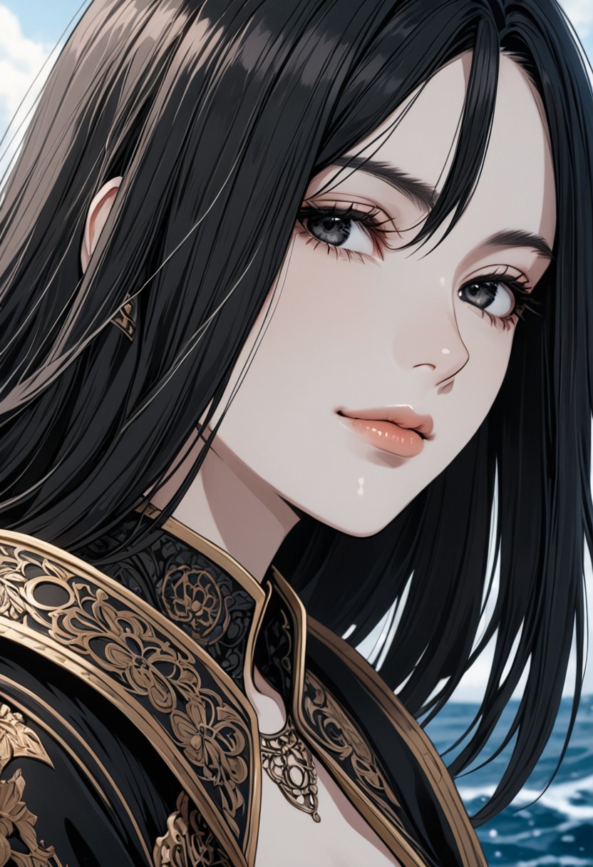 gorgeous lips, cinematic, (masterpiece), (best quality), (ultra-detailed), very aesthetic, illustration, perfect composition, intricate details, absurdres, detailed face, (anime, masterpiece, intricate:1.3), (best quality, hires textures, high detail:1.2), (4k),(incredibly detailed:1.4) (beautiful detailed face, beautiful detailed eyes)
villain, 1woman, arrogant smile
high pointed nose, (nostrils:1.3), no bra, blurry, 22-year-old woman, pale skin,
black eyes, bob black hair, big brests
Ship looking into the distance from the deck, endless sea, pirate costume