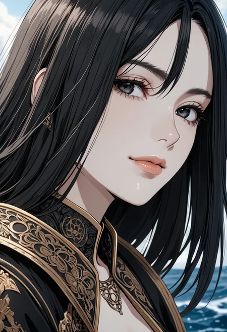 gorgeous lips, cinematic, (masterpiece), (best quality), (ultra-detailed), very aesthetic, illustration, perfect composition, intricate details, absurdres, detailed face, (anime, masterpiece, intricate:1.3), (best quality, hires textures, high detail:1.2), (4k),(incredibly detailed:1.4) (beautiful detailed face, beautiful detailed eyes)
villain, 1woman, arrogant smile
high pointed nose, (nostrils:1.3), no bra, blurry, 22-year-old woman, pale skin,
black eyes, bob black hair, big brests
Ship looking into the distance from the deck, endless sea, pirate costume