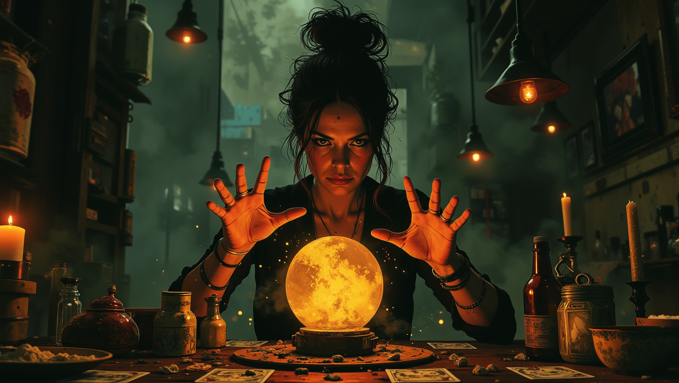 An enigmatic fortune teller in a dimly lit room, her hands hovering over a crystal ball. Her eyes are intense, peering into the swirling mists within the glass. The table in front of her is cluttered with tarot cards, candles, and strange artifacts, creating an atmosphere thick with mystery
<lora:Luminous_Shadowscape:0.6>