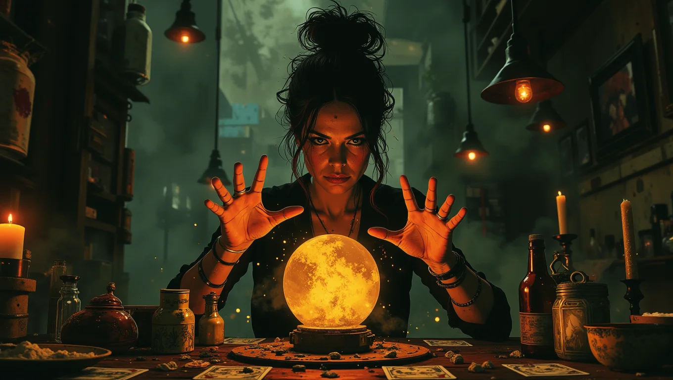 An enigmatic fortune teller in a dimly lit room, her hands hovering over a crystal ball. Her eyes are intense, peering into the swirling mists within the glass. The table in front of her is cluttered with tarot cards, candles, and strange artifacts, creating an atmosphere thick with mystery
<lora:Luminous_Shadowscape:0.6>