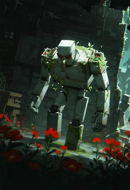 masterpiece, best quality, amazing quality, very aesthetic, absurdres, newest, cinematic, movie scene, foreground blur, volumetric lighting,  
ironglem, no humans, red eyes, black sclera, red pupils,  standing, solo, robot, big nose, long nose, no mouth, plant, grey metal body, vines, mecha, moss, red flower,  thick gray monobrow, 
attacking, dynamic pose, dynamic angle, destroyed village, wooden village,
