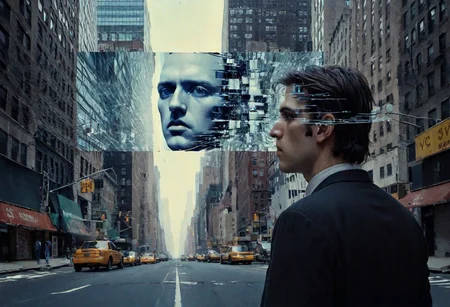A man's head splits into planar segments floating over New York city, seeing visions of pasts lost in enigmatic phantoms and faces of light. A schizophrenic ultra-violence of static CRT enigmatic tesseraction and impossible topology.