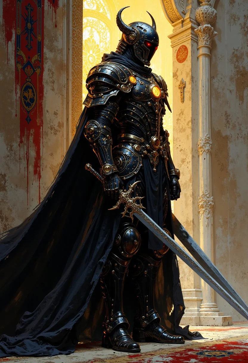 Impressionist painting Gothic style 1woman, (full body image with nothing cropped out:1.2),mechanical battle harden warrior with a heads up display. dark digital fantasy high tech world. sinister vibes, intimidating presence . Dark, mysterious, haunting, dramatic, ornate, detailed, mechanical glowing halo around head, armor boots, imperial solider, royal queen,  massive greatsword, (from the side view) . Loose brushwork, vibrant color, light and shadow play, captures feeling over form
. mythp0rt
