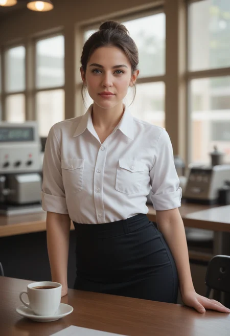 embedding:zPDXLrl, score_9, score_8_up, score_7_up, masterpiece, perfect face, perfect eyes, cafe employee, cashier girl, bare midriff, employee uniform, slim fit, flat chest, upper body, neck jewelry, open eyes, bow lips, table, dynamic pose, serving coffee, hands down to cashier table